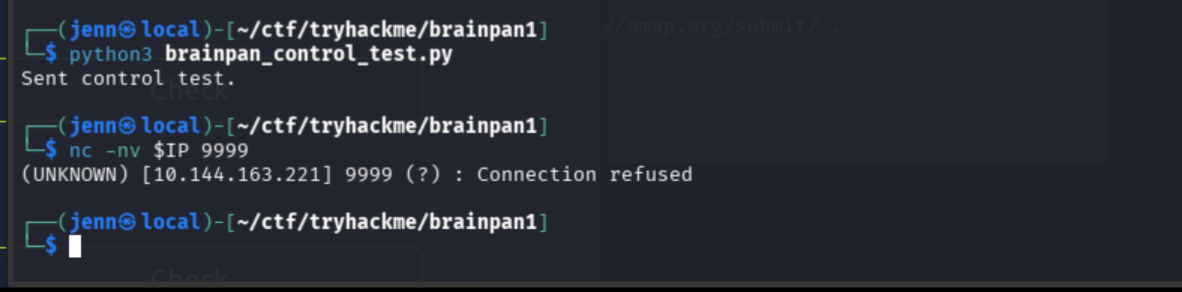 Service crashed again after control test payload, supporting the 524-byte offset
